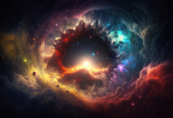 Fototapeta na wymiar A Magnificent AI-Generated Render of the Colorful Universe: Glittering Stars, Nebulae, and Planets in an Endless Orbit