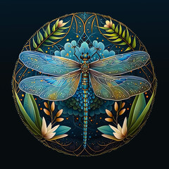 Colorful, detailed dragonfly mandala art on a black background.  Created with Generative AI technology.