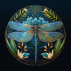 Poster Im Rahmen Colorful, detailed dragonfly mandala art on a black background.  Created with Generative AI technology. © leezsnow