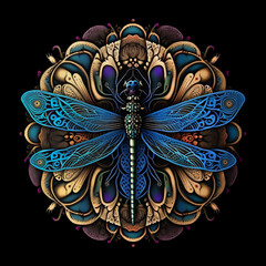 Colorful, detailed dragonfly mandala art on a black background.  Created with Generative AI technology.