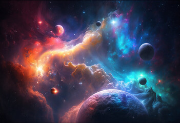 Obraz premium A Celestial AI-Generated Render of the Colorful Universe: Exploring the Glittering Stars, Planets, and Nebulae of the Milky Way