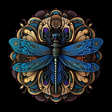 Colorful, detailed dragonfly mandala art on a black background.  Created with Generative AI technology.