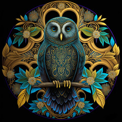 Colorful owl mandala art on a black background. Created with Generative AI technology.