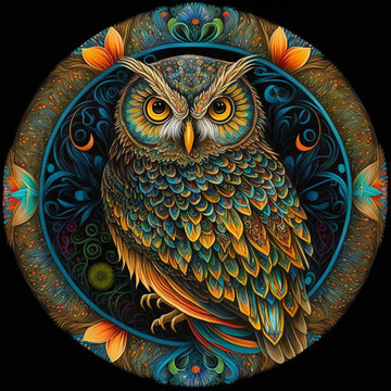 Colorful owl mandala art on a black background. Created with Generative AI technology.