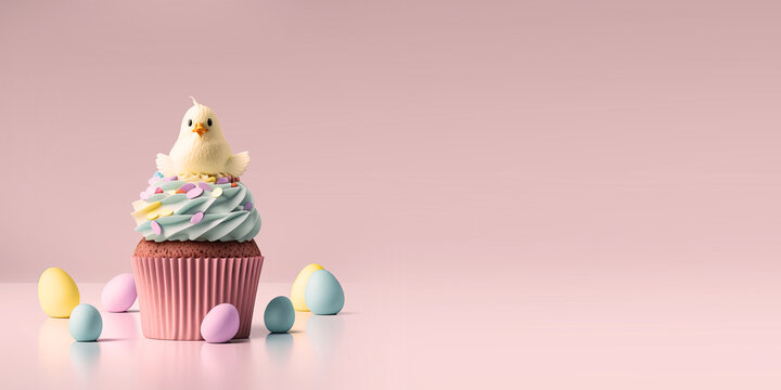 Easter Cupcake with a Spring Chick and Eggs on a Banner with Room for Copy (Created with Generative AI)
