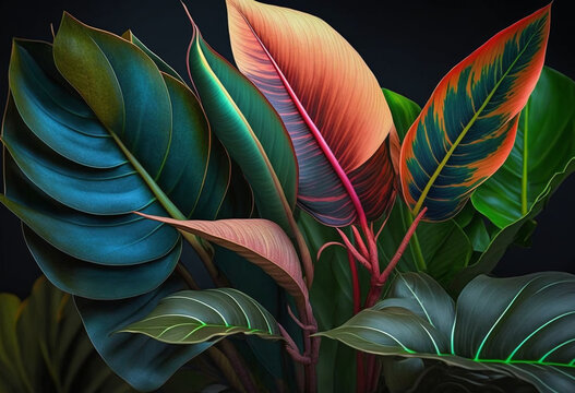 Artificial AI Render of Exotic Tropical Leaves in a Colorful Jungle: Macro Photography of a Bright Summer Vacation in a Rainforest Background