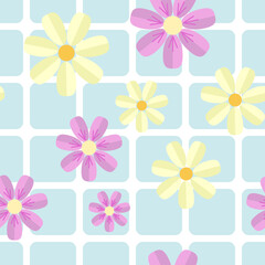 Multicolored Flowers On Blue Squares Background. Seamless Patterns Background. Vector Illustration. Tablecloth, Picnic mat wrapper.
