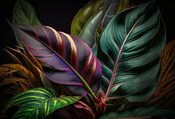Vibrant Artificial Rainforest: A Macro Look at Exotic Tropical Foliage in Bright Sunlight