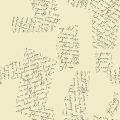 Seamless pattern with collage of letters with handwritten text Lorem Ipsum. Vector background in retro style with imitated text. Suitable for wallpaper design