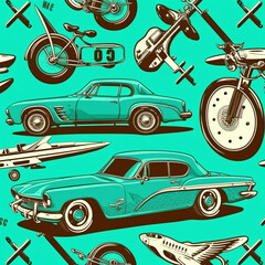 Fototapeta premium Fathers day themed seamless pattern with men, weights, cars, boats, motorcycle, guitars in a sticker style design over a tiffany colored background