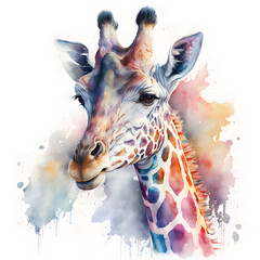 Watercolor cute giraffe portrait colorful painting. Realistic wild animal illustration. Created with Generative AI technology.