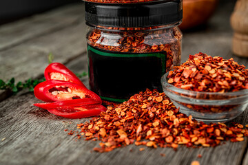 Dried chili peppers packed for sale. Dried spices.