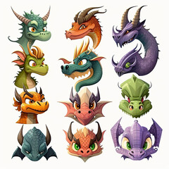 Selection of comic dragon heads - Created with generative AI technology 