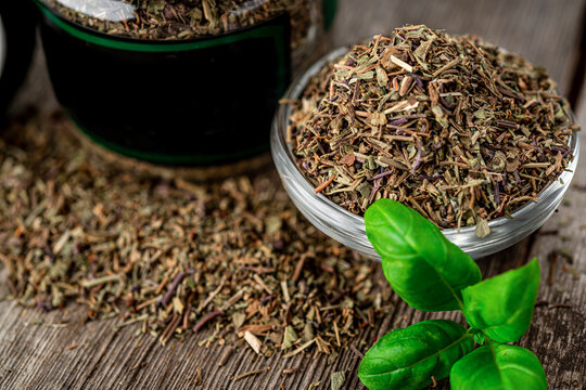 Herbes de Provence, mixture of dried herbs, marjoram, rosemary, thyme, oregano, used with grilled food and stew