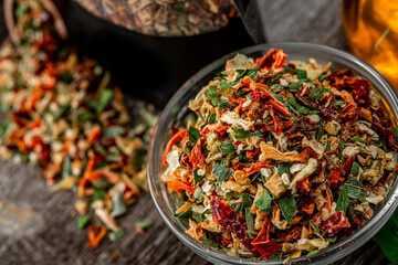 Small pieces of dried vegetables in jar , dry celery, dry ccarrot and dry onion. Spice shop.