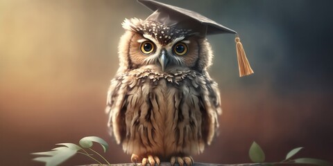 little owl wearing graduation hat illustration, generative AI