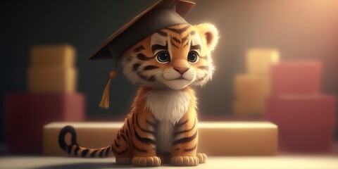little tiger wearing graduation hat illustration, generative AI, Little Tiger Roars with Success in Graduation Cap Illustration - Generated by AI