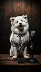 'Dogcast'. cute white dog wearing suit and tie being interviewed. Generative AI