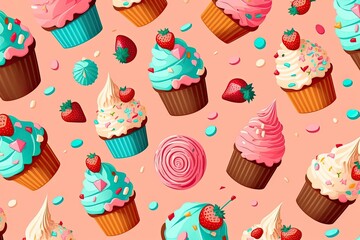 Seamless pattern with doodle-style cupcakes. Different cupcakes with different fillings and toppings