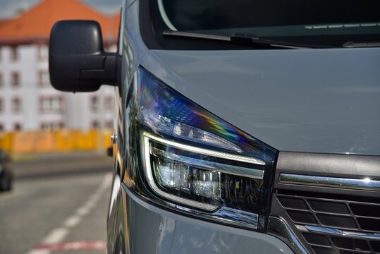 Renault Trafic Furgon. Front light car. 06-30-2021, Prague, Czech Republic.