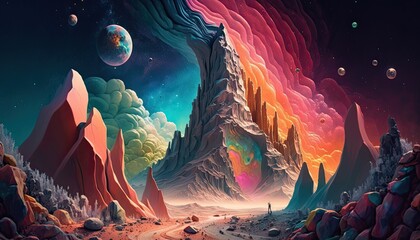 Fototapeta na wymiar Surreal, colorful alien landscape Generative AI