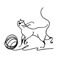 A graceful cat plays with a ball of thread. Beautiful pet in the style of contour graphics. The skein of yarn rolls and unwinds. Illustration for printing on paper and textiles.