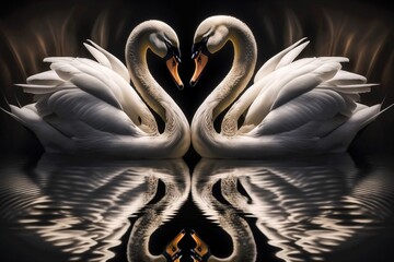 Beautiful two white swans in clear water lake at night, in love creating heart shape with mirror reflection and ripples. Morning lights and romantic background. Generative AI