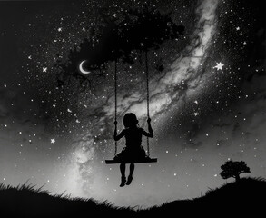 Girl on a swing against the starry sky. Generative AI.