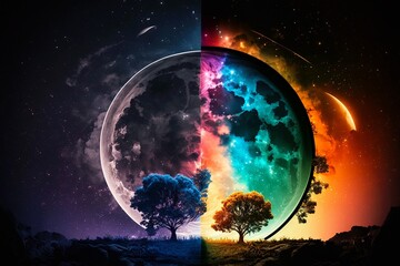 Day and night time change concept, 24 Hours. from morning till dawn, Rainbow moon to sun cycle. circle of life. Generative AI. High quality illustration