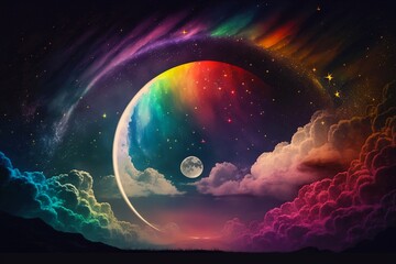 Fairytale night astronomy moonlight landscape. Magical night background with full moon and beautiful rainbow at starry night. Dreamy fantasy tree and luna moon in fairy epic composition. Generative AI