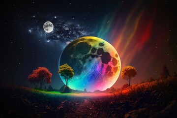 Obraz na płótnie Canvas Magical night background with full moon, beautiful rainbow at starry night. Fairytale night astronomy starry night landscape. Dreamy fantasy tree and luna moon in fairy epic composition. Generative AI