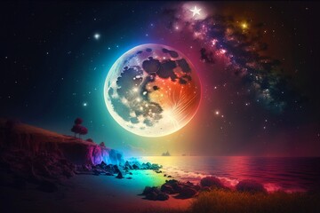 Obraz na płótnie Canvas Fairytale night astronomy moonlight landscape. Magical night background with full moon and beautiful rainbow at starry night. Dreamy fantasy tree and luna moon in fairy epic composition. Generative AI