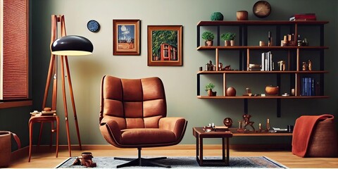 Stylish interior of living room with design brown armchair, wooden bookcase, pendant lamp. Generative AI.
