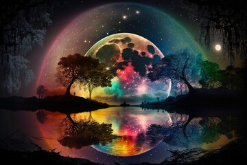 Magical night background with full moon, beautiful rainbow at starry night. Fairytale night astronomy starry night landscape. Dreamy fantasy tree and luna moon in fairy epic composition. Generative AI