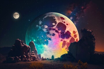 Naklejka na ściany i meble Fairytale night astronomy moonlight landscape. Magical night background with full moon and beautiful rainbow at starry night. Dreamy fantasy tree and luna moon in fairy epic composition. Generative AI