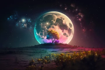 Cercles muraux Pleine Lune arbre Fairytale night astronomy moonlight landscape. Magical night background with full moon and beautiful rainbow at starry night. Dreamy fantasy tree and luna moon in fairy epic composition. Generative AI
