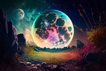 Obraz na płótnie Canvas Magical night background with full moon and beautiful rainbow at starry night. Fairytale night astronomy moonlight landscape. Dreamy fantasy tree and luna moon in fairy epic composition. Generative AI
