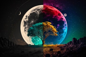 Fairytale night astronomy moonlight landscape. Magical night background with full moon and beautiful rainbow at starry night. Dreamy fantasy tree and luna moon in fairy epic composition. Generative AI