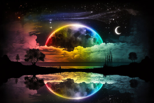 Magical night background with full moon, beautiful rainbow at starry night. Fairytale night astronomy starry night landscape. Dreamy fantasy tree and luna moon in fairy epic composition. Generative AI