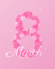 March 8 symbol with roses. International Women's day pink background.
