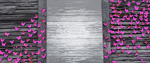 No text wood sign with pink butterflies