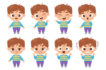 kids collection of emotions. Cute boy in full growth with different facial expressions and feelings - happiness, crying, anger, smile, delight, wonder. Vector illustration cartoon style for design