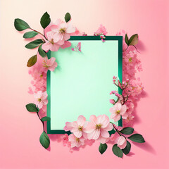 Spring blossom background in pink pastel tones with green frame. Generative AI  