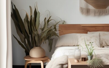close-up of the side of a wooden bed with white sheets, with houseplants next to it