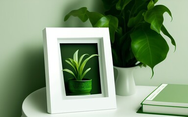 minimalist concept of a table with a 3d photo frame. green indoor plants