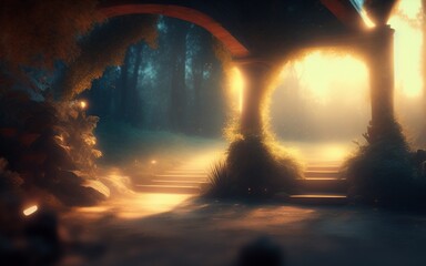 sunlight entering between the pillars of a temple built in rocks, in the middle of the forest.