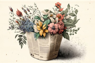 Illustration in the newspaper in the form of bouquet of flowers, concept of Pictorial Representation, created with Generative AI technology