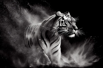 Abstraktes schwarz weißes Tiger  Kunstwerk mit Farbspritzer isoliert auf weißen Hintergrund. Perfektes Wandbild - Generative Ai
