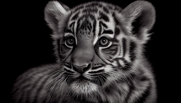 Schwarz wei&szlig; Portrait von einem Tiger Baby. Perfektes Wandbild - Generative Ai

