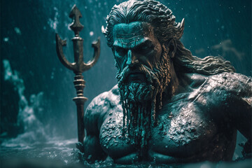 Sinking statue in the downpour of the god Poseidon, ancient Greek mythology, AI generated art - obrazy, fototapety, plakaty